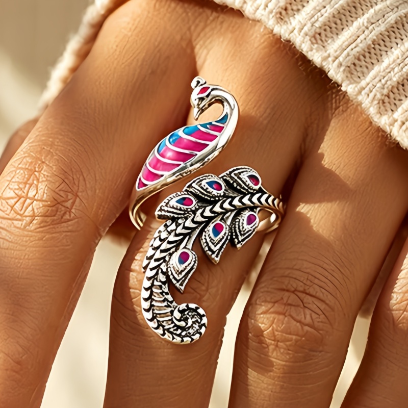Women's Vintage Peacock Adjustable Open Rooster Ring